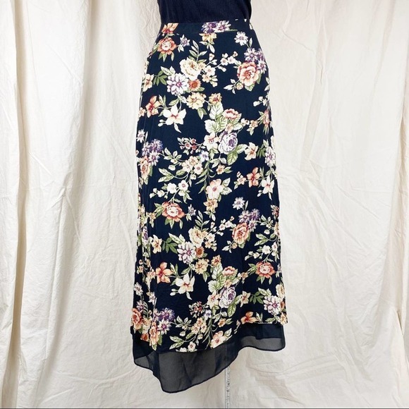 Vintage Dresses & Skirts - Vintage 90s Floral Romantic Flowers Silk High Rise Black Lined Midi Skirt